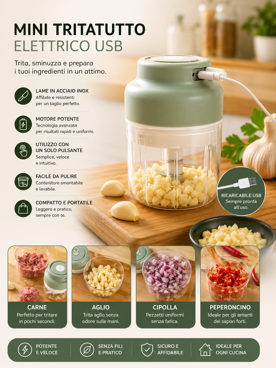 Peakline™ TritaChef Pro – Tritatutto Elettrico USB 250ML