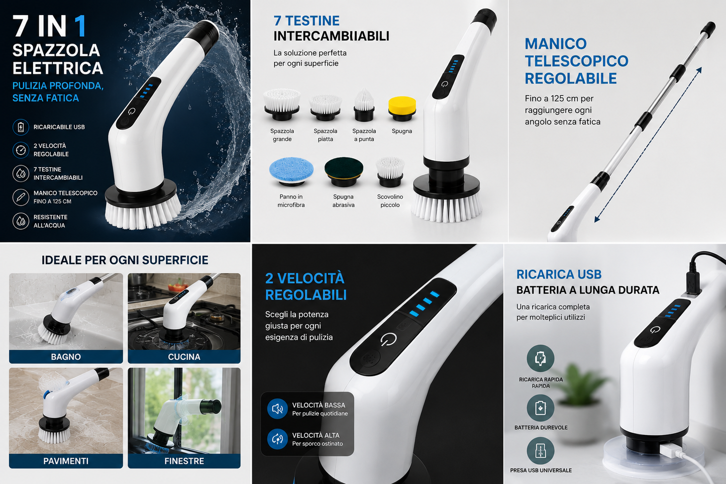 Peakline™ CleanCasa Pro – Spazzola Elettrica 7 in 1