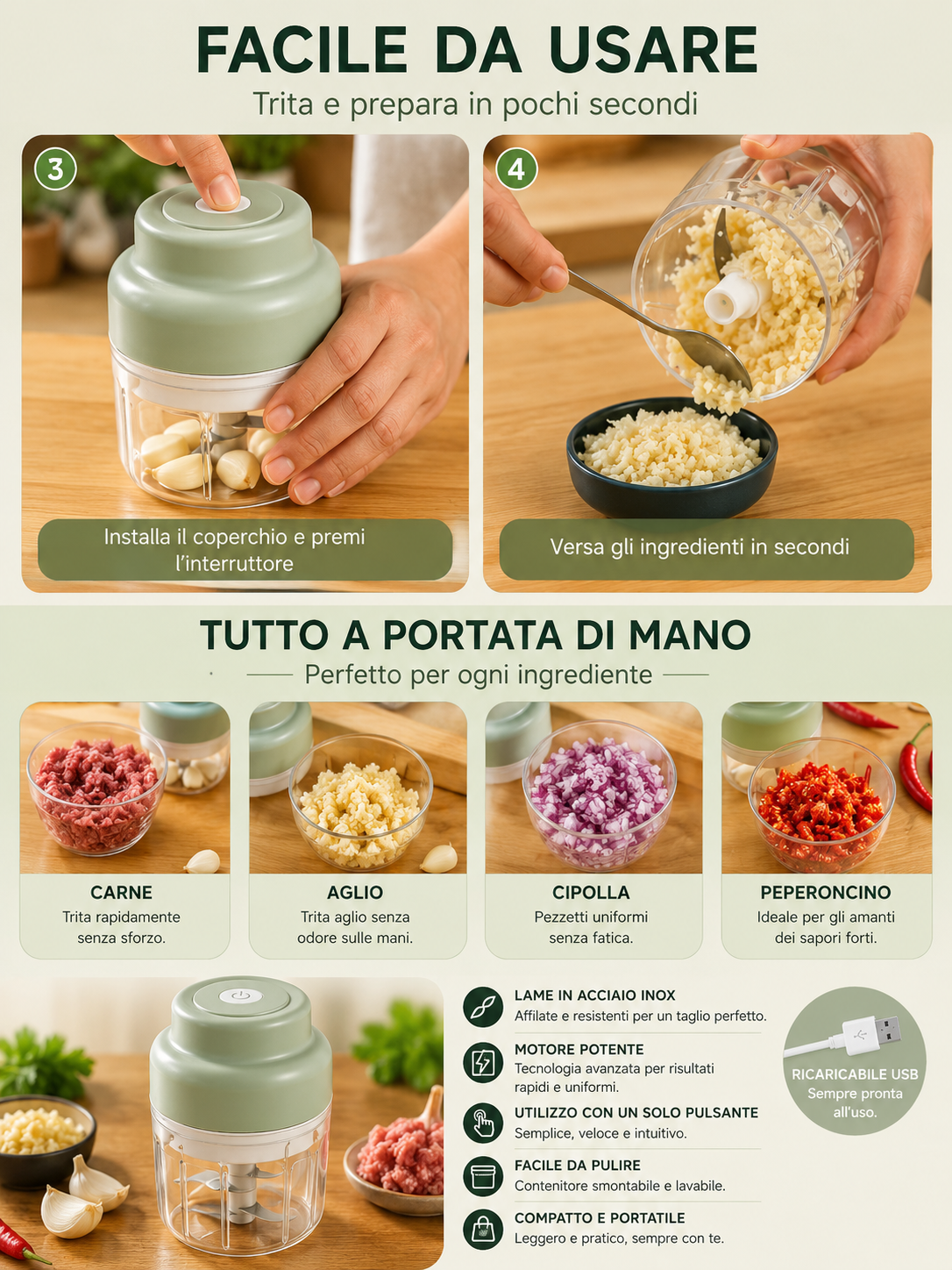 Peakline™ TritaChef Pro – Tritatutto Elettrico USB 250ML