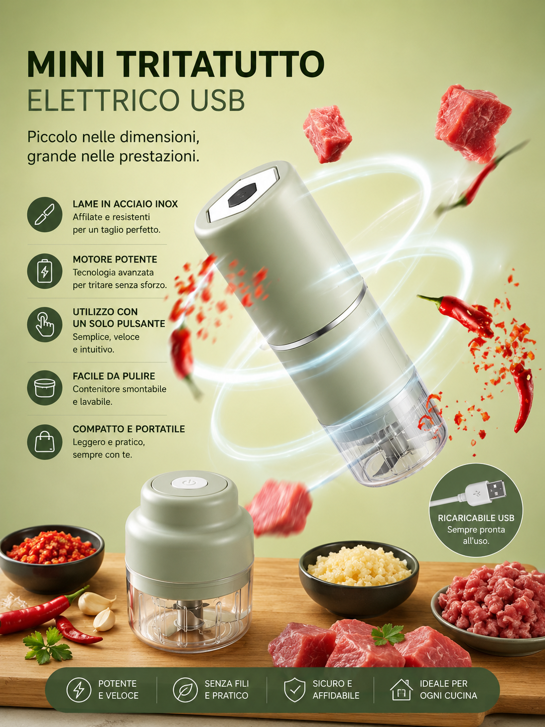 Peakline™ TritaChef Pro – Tritatutto Elettrico USB 250ML