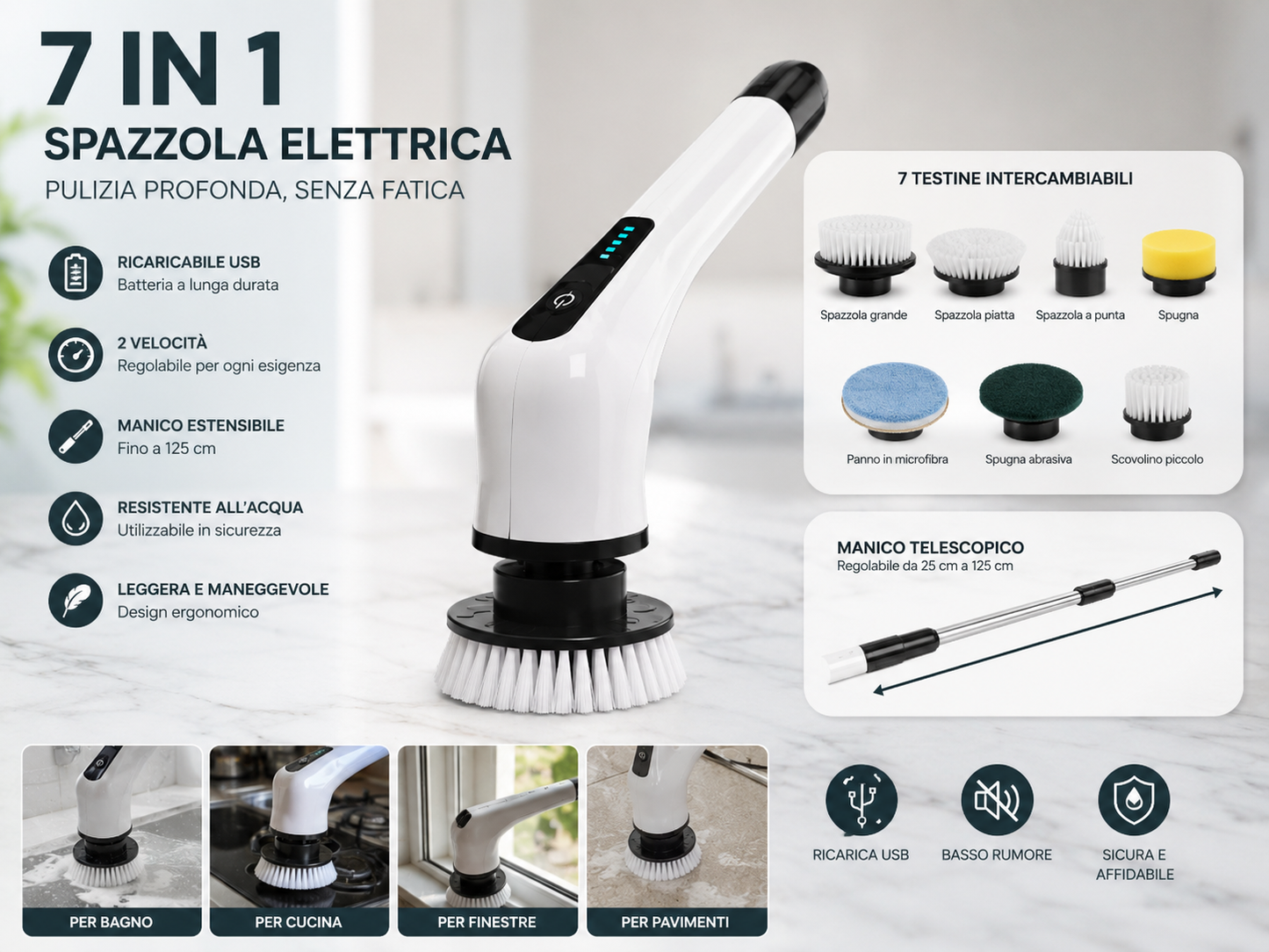 Peakline™ CleanCasa Pro – Spazzola Elettrica 7 in 1