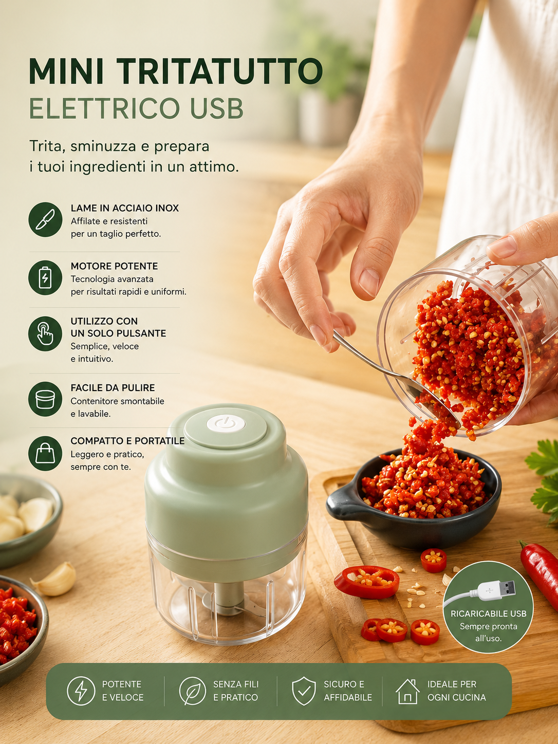 Peakline™ TritaChef Pro – Tritatutto Elettrico USB 250ML