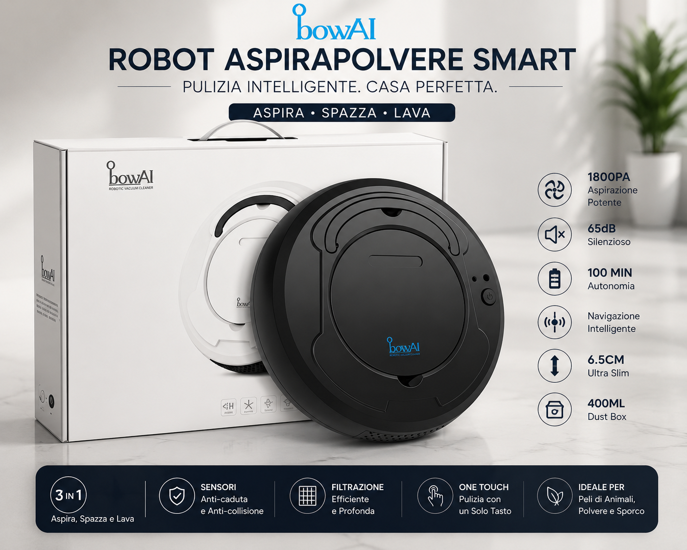 Peakline™ Robot Aspirapolvere Smart Ultra Slim 3 in 1