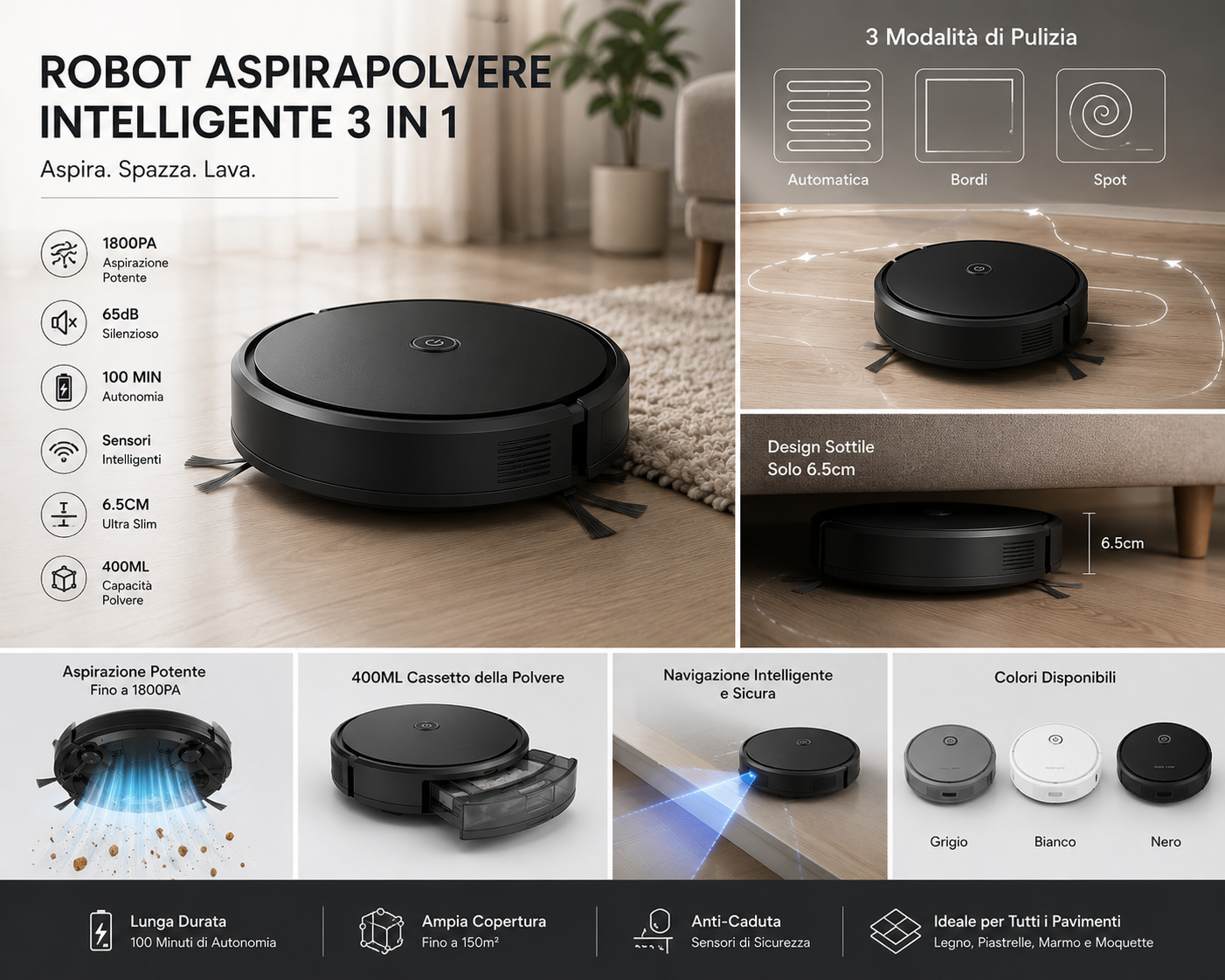 Peakline™ Robot Aspirapolvere Smart Ultra Slim 3 in 1