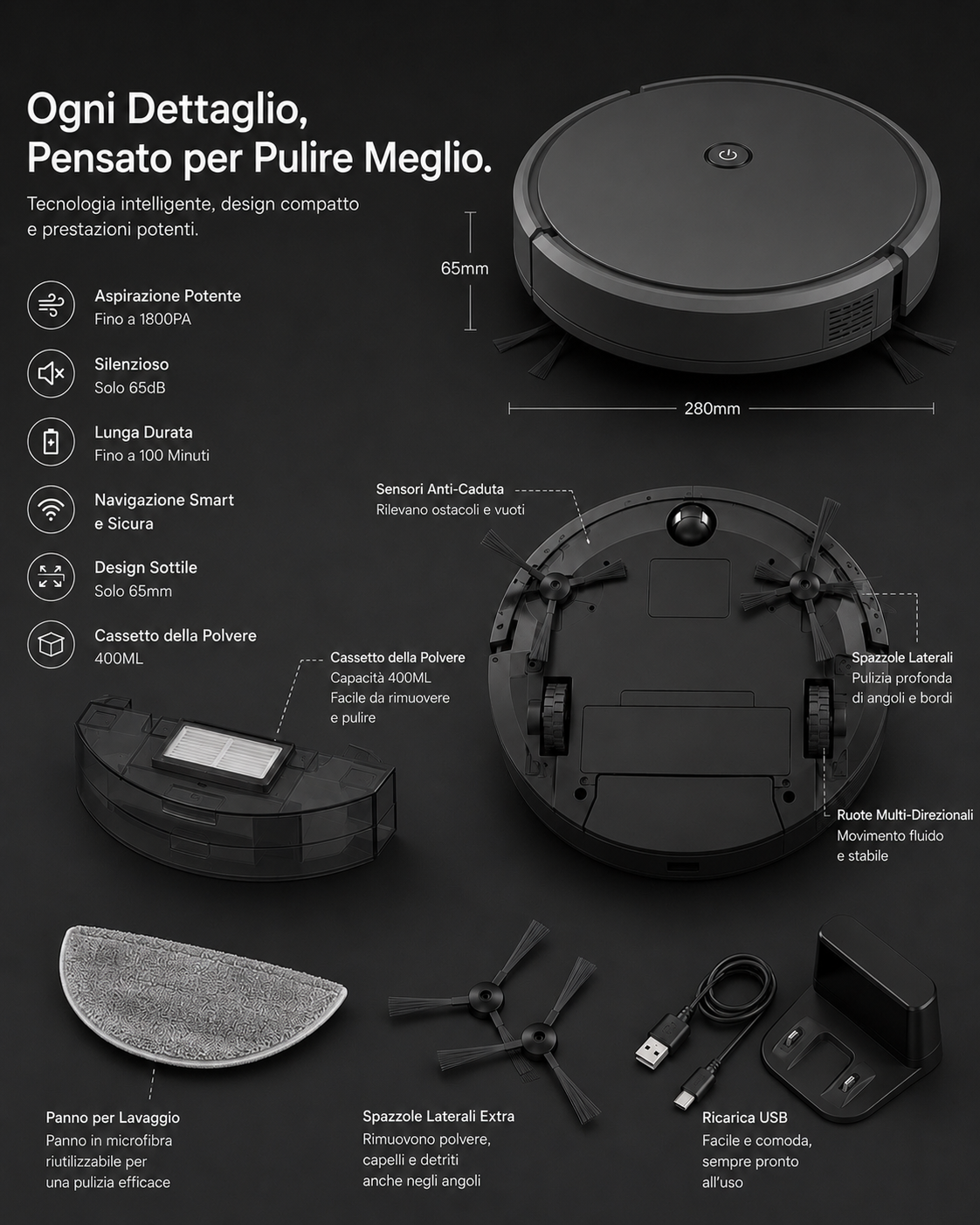 Peakline™ Robot Aspirapolvere Smart Ultra Slim 3 in 1